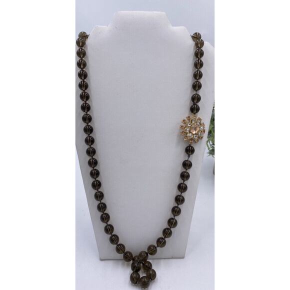 Hand Knotted Long Smoky Quartz Glass Beaded Rhinestone Flower Accent Necklace - Picture 8 of 11